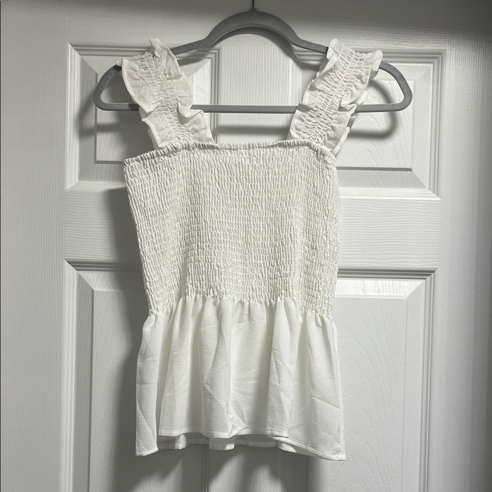 White Smocked Ruffle Strap Top